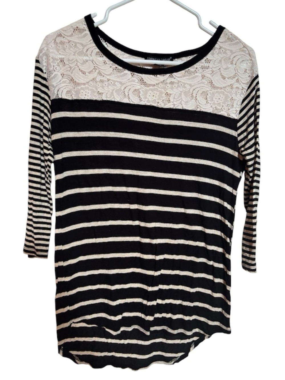 American Dream Striped 3/4 Sleeve Top with Floral Lace Yoke